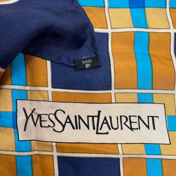 Vintage Yves Saint Laurent Scarf100% silk satin  31"Blue Rusty White Check (26) - Picture 7 of 11